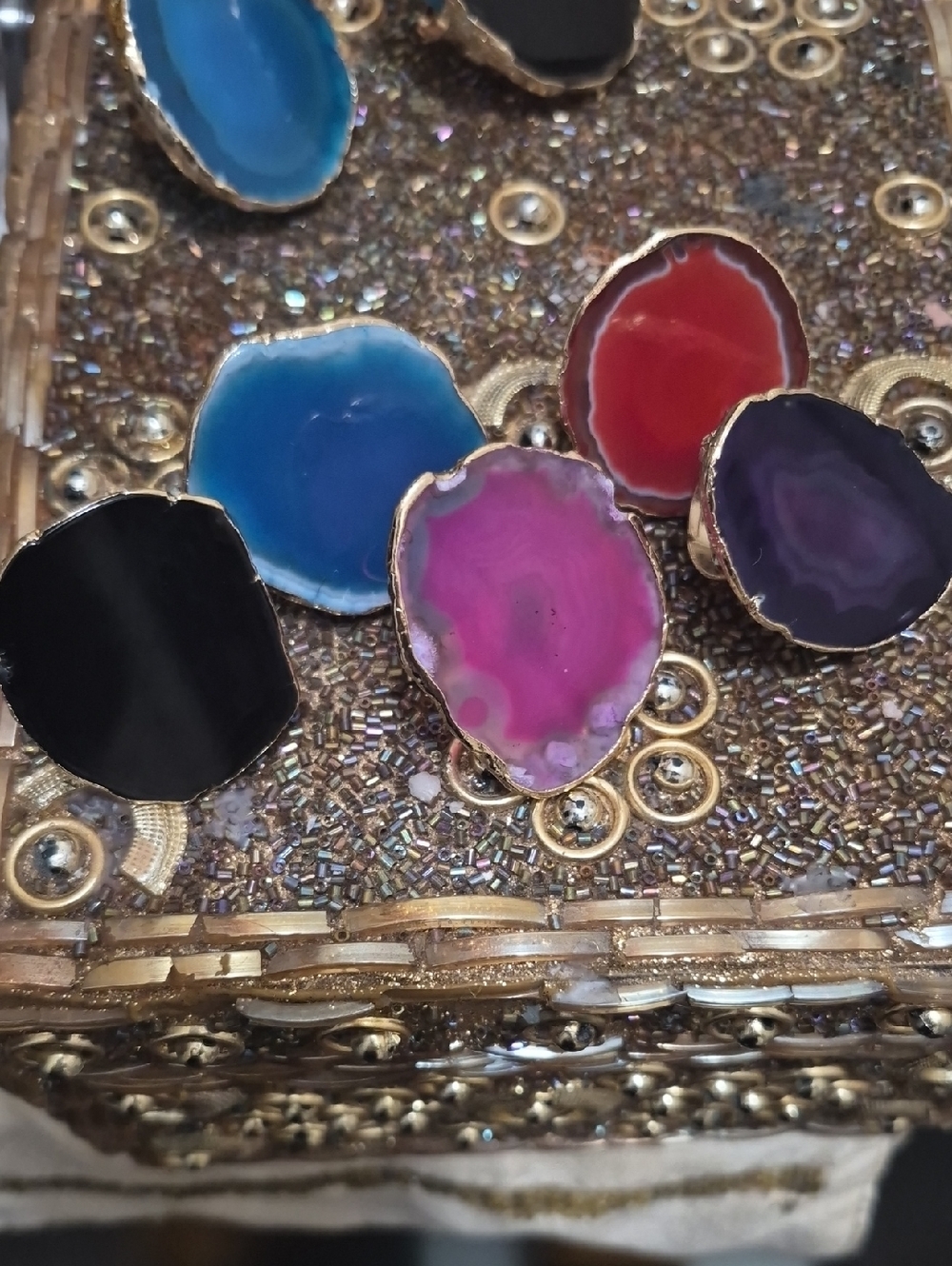 5 Agate Slice Cocktail Adjustable Rings- Purple,Pink,Red,Black,Blue  Accents